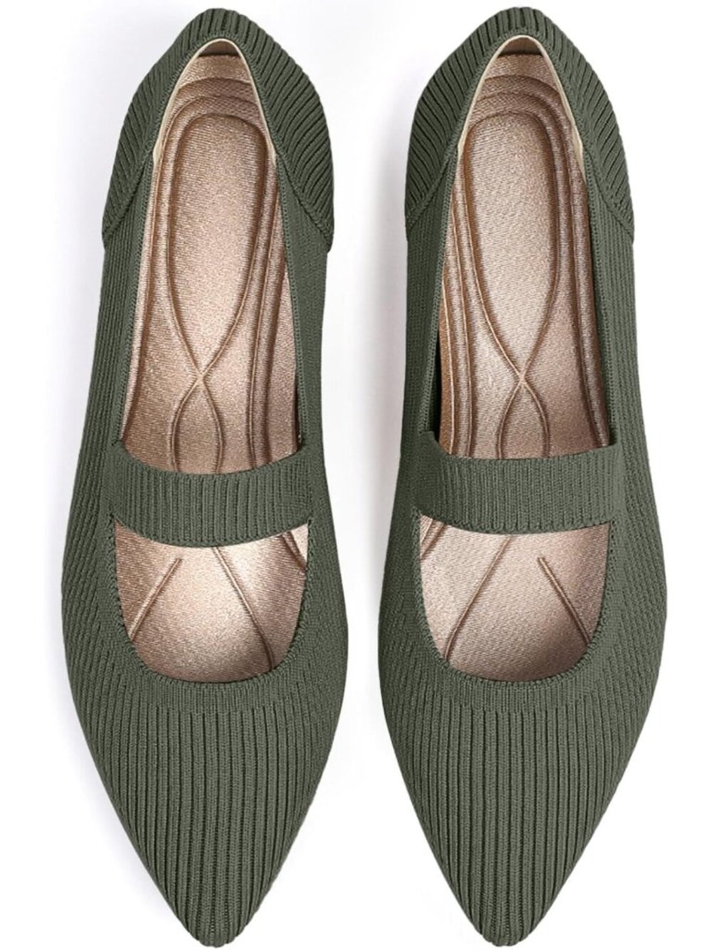 Women's Green Flats Pointed Toe Knit Washable Ballet Pull On Comfortable Shoes